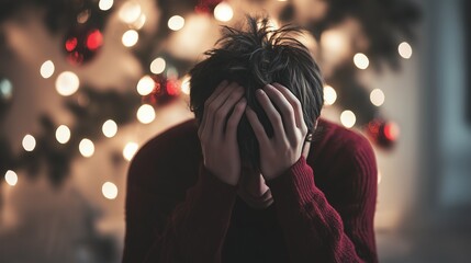 A person sits with their head in their hands, seemingly overwhelmed, in front of a Christmas tree with twinkling lights