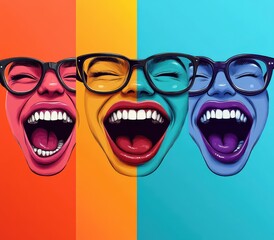 Vibrant pop art graphic with glasses and expressive lips in colorful design