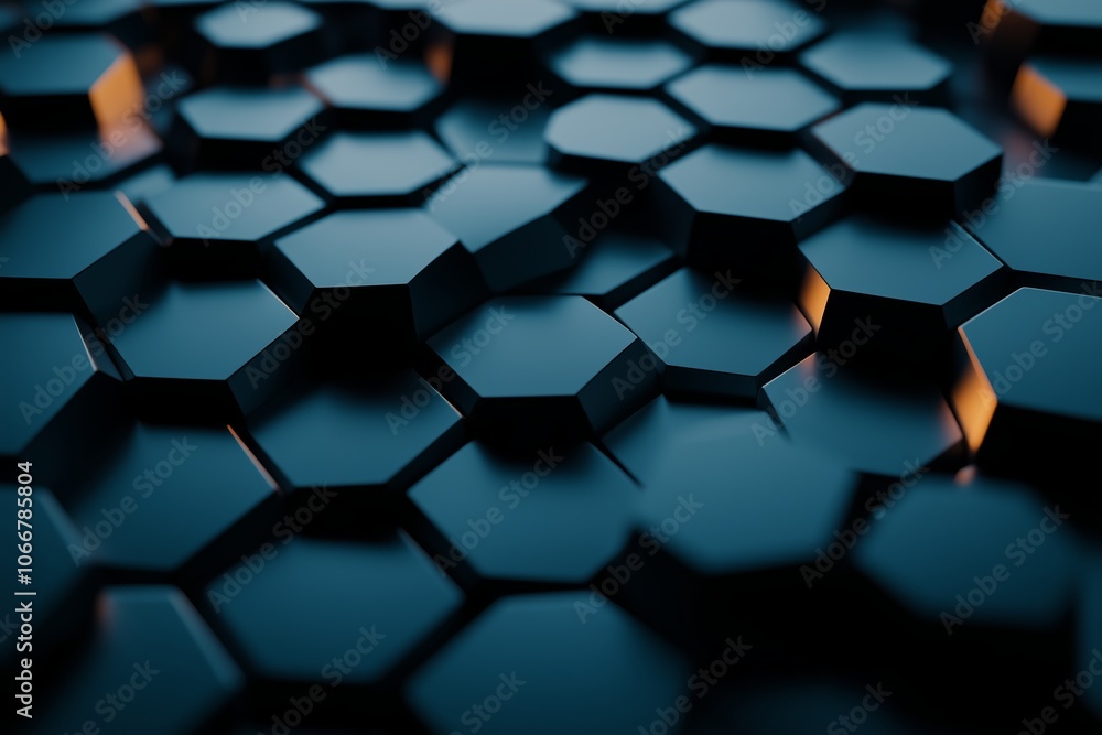 Poster close-up of a modern hexagonal pattern with a sleek, dark design illuminated by subtle light, creati