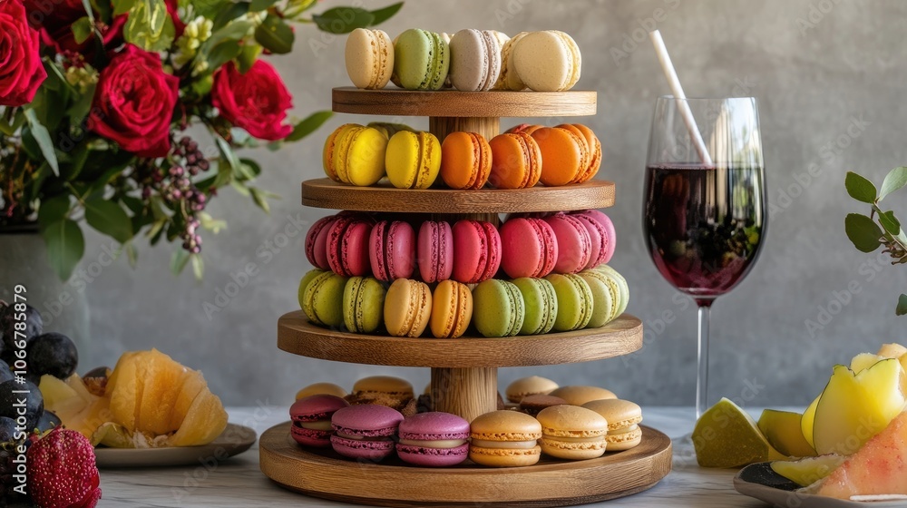 Poster multi-tier wooden tray platter filled with colorful macarons and a refreshing beverage, creating a d