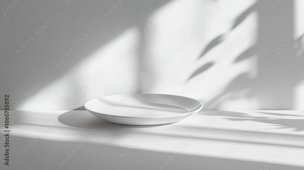 Poster minimalist flat lay of a classic white plate resting on a simple white table creates a serene atmosp