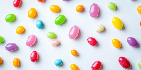 Vibrant jelly bean sweets are scattered across a clean white surface, creating a delightful and colorful array of candies that adds charm and sweetness.