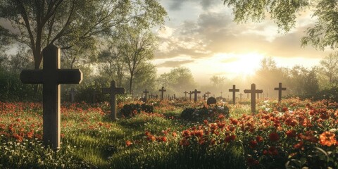 A burial ground featuring crosses dedicated to commemorate and pay tribute to the brave heroes who have fallen in the line of duty. Honor the fallen heroes here.