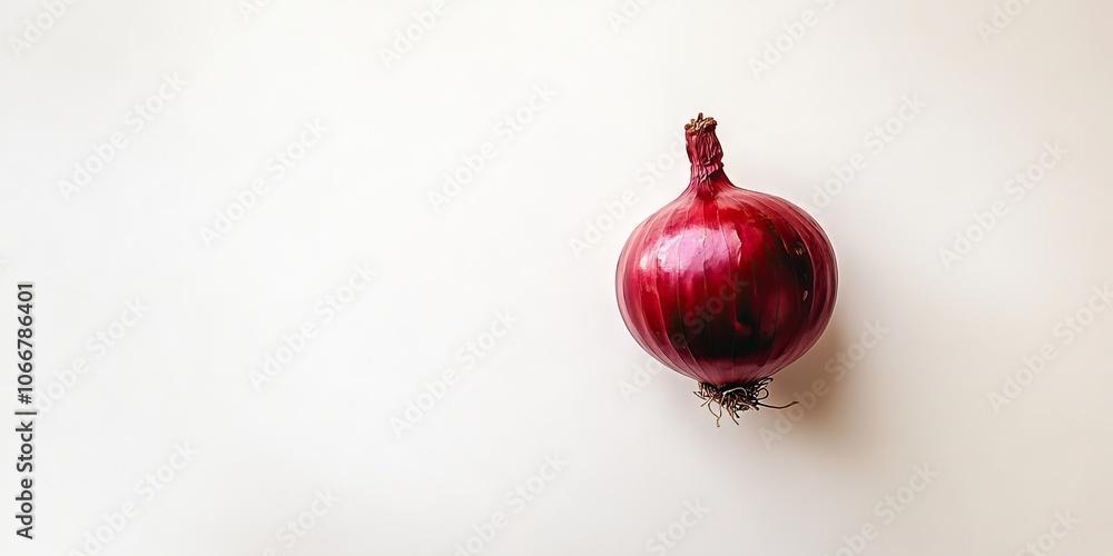Aufkleber A red onion is placed alone against a white backdrop, highlighting its vibrant color and distinctive appearance. The onion stands out due to this stark contrast.