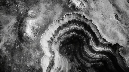 Black and white drone aerial photography captures stunning landscapes from above, emphasizing intricate patterns and textures in monochrome with ample space for creative design.