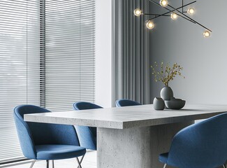Sleek dining space featuring a concrete table with blue seating options.