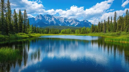 Fototapeta premium Beautiful lake landscape surrounded by majestic mountain range, capturing the serene ambiance of nature. Ideal composition with ample copy space for text inclusion.