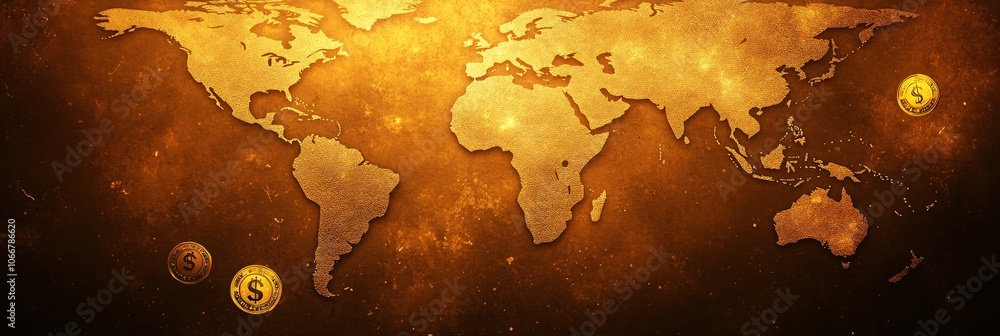 Poster A world map background with prominent currency symbols floating around symbolizing the global economy with side empty space for text