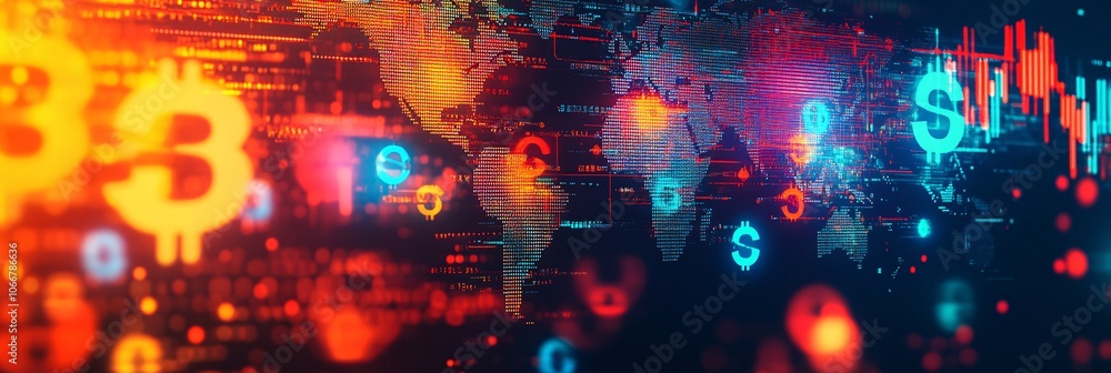 Aufkleber A world map background with prominent currency symbols floating around symbolizing the global economy with side empty space for text