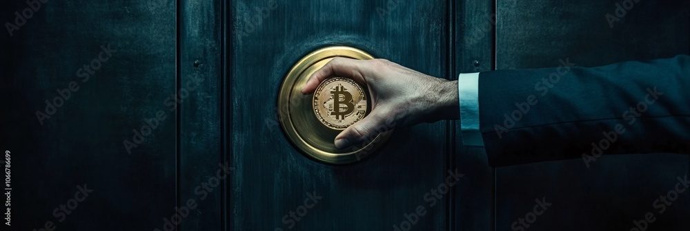 Aufkleber hands placing coins into a vault representing security and stable financial management with a dark, 