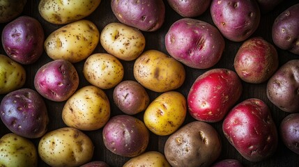 An abundance of freshly harvested potatoes arranged artfully, highlighting the vibrant colors and textures of these nutritious potatoes, perfect for culinary creations. Photo style with copy space.