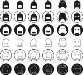 Backpack, School bag flat and line Icons set. Back to School Concept. Signs bag for school children, student, travel and hiking tourist symbol. Suitable for website isolated on transparent background.