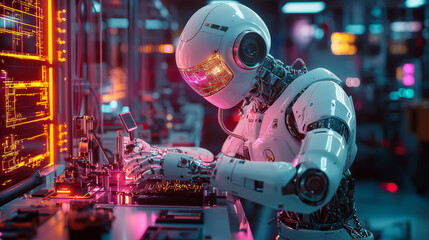Fototapeta premium hyper realistic robot assembling futuristic gadgets in high tech lab, showcasing advanced technology and intricate details. scene is vibrant and dynamic, reflecting innovation