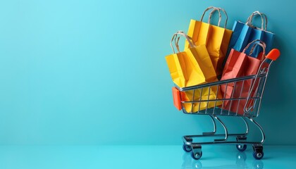Shopping Cart Overflowing with Colorful Paper Bags