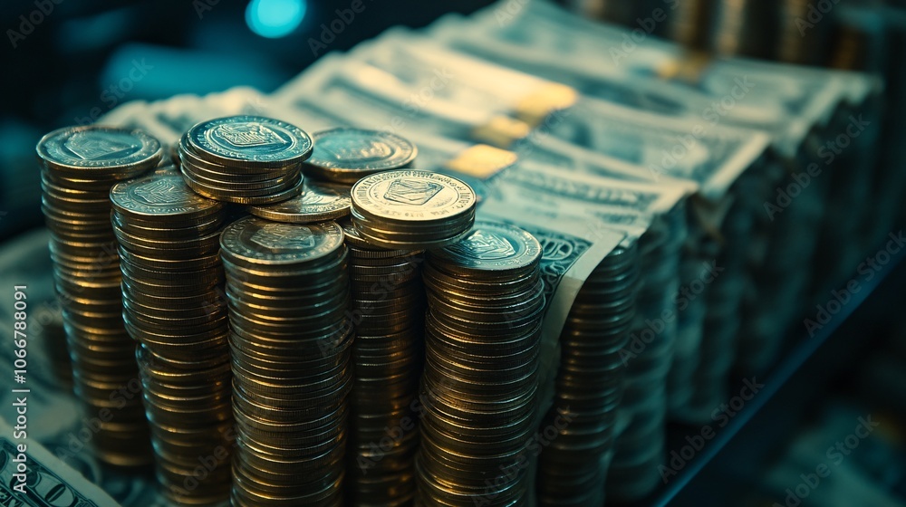 Aufkleber Focused view of coins and dollar bills arranged in a stack, representing capital growth with side empty space for text