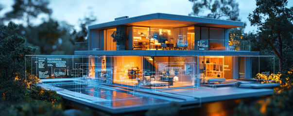 modern smart home with holographic displays, showcasing advanced technology and sleek design. illuminated exterior highlights luxurious lifestyle