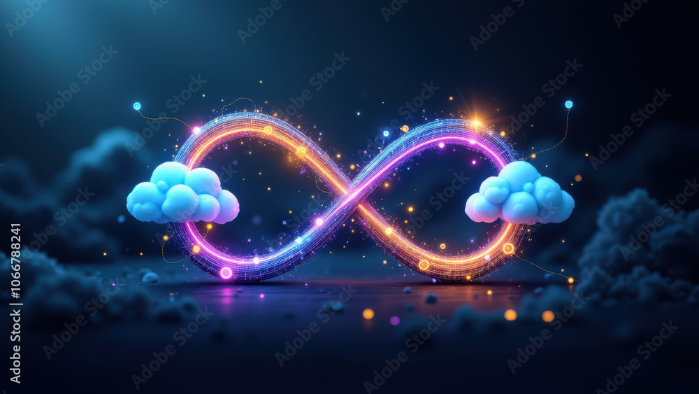 Poster ci/cd loop concept with a stylized infinity symbol, surrounded by colorful clouds and light effects.