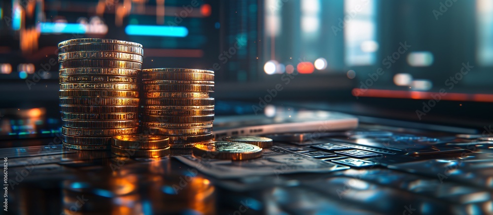 Poster Focused view of coins and dollar bills arranged in a stack, representing capital growth with side empty space for text