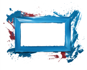 Blue rectangular frame with red and blue splashes, combining abstract brushstrokes on a clean white background for a creative and dynamic visual impact