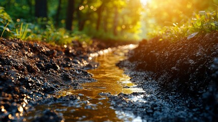 A Stream of Golden Sunlight Illuminating a Creek Bed in a Forest