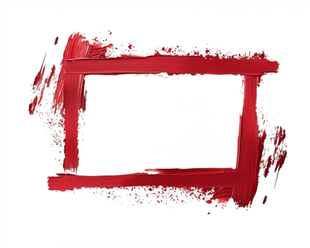 Abstract red frame made with energetic brushstrokes, with paint splatters and a textured appearance on a clean white background