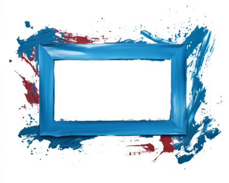 Blue rectangular frame with red and blue splashes, combining abstract brushstrokes on a clean white background for a creative and dynamic visual impact - Powered by Adobe