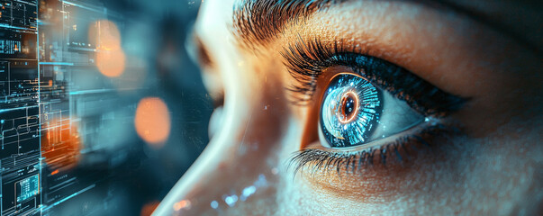 close up of human eye scanning digital interface, showcasing advanced technology and data visualization. eye reflects intricate patterns and glowing elements, creating futuristic atmosphere