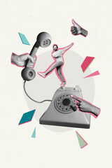 Composite trend artwork 3D image photo collage of monochrome caricature silhouette landline phone service call talk wire thumb gesture