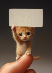 A tiny ginger kitten holding up a blank textured card while balancing on a fingertip, dark background