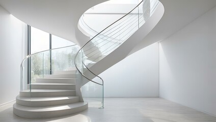 Obraz premium Spiral staircase with modern design and sunlight streaming through large windows 