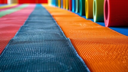 Obraz premium Colorful yoga mats rolled up in a row on gym floor, ready for fitness class. Vibrant hues create lively pattern in studio for active workout