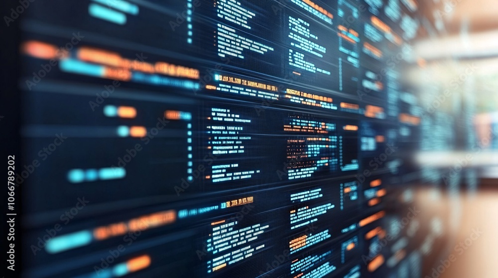 Aufkleber Wide view of digital screen with blockchain patterns, symbolizing the digital future of finance with side empty space for text