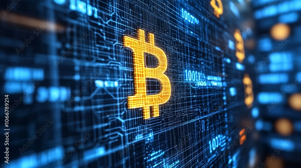 Poster Wide view of digital screen with blockchain patterns, symbolizing the digital future of finance with side empty space for text