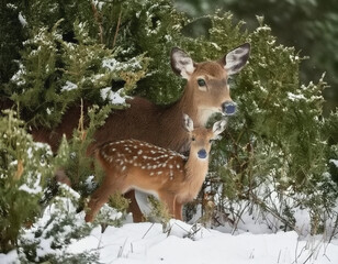 brown mother and newly born fawn in shelter of bushes, light dusting of snow AI