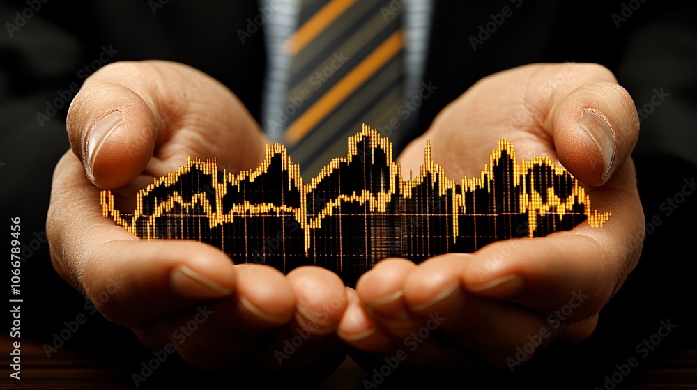 Poster Close-up of hands holding global currencies with a fluctuating stock chart in the background, representing market uncertainty with side empty space for text