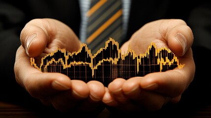 Close-up of hands holding global currencies with a fluctuating stock chart in the background, representing market uncertainty with side empty space for text