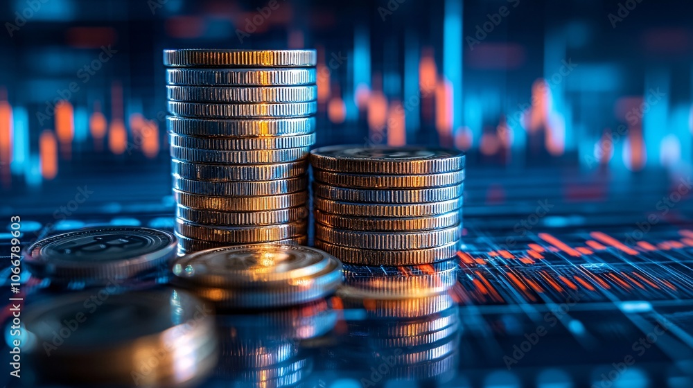 Poster Image of stacked coins arranged in a graph-like manner, symbolizing financial growth and stability with side empty space for text