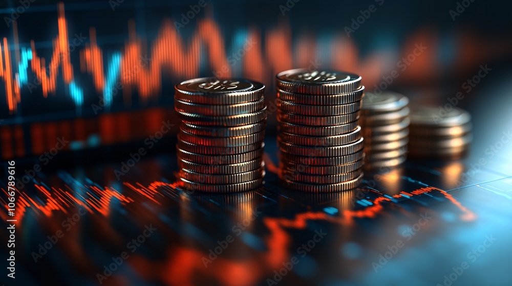 Poster Image of stacked coins arranged in a graph-like manner, symbolizing financial growth and stability with side empty space for text