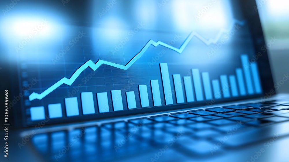 Poster laptop screen showing stock market trends and cryptocurrency growth in a modern office, representing