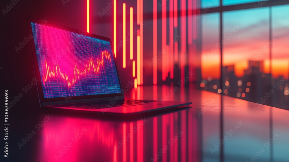 Poster laptop screen showing stock market trends and cryptocurrency growth in a modern office, representing