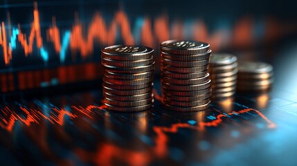 Image of stacked coins arranged in a graph-like manner, symbolizing financial growth and stability with side empty space for text