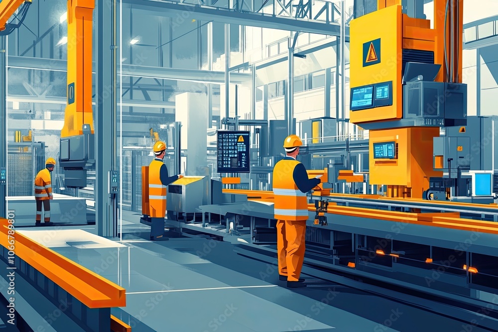 Poster factory workers operate machinery. this image illustrates the industrial setting with workers and au