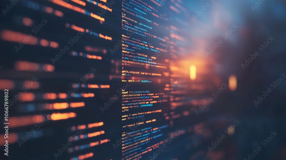 Poster lines of code on dark background, programming, software development, technology concept