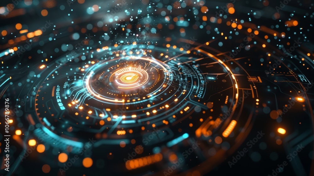 Poster orange and teal glowing futuristic head up display - hud - element rotating, showing data analysis w