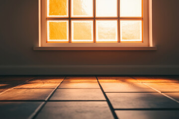Light rays through stained glass windows, Warm sunlight streaming through a window, casting shadows on tiled floor, creating a cozy and inviting atmosphere indoors.