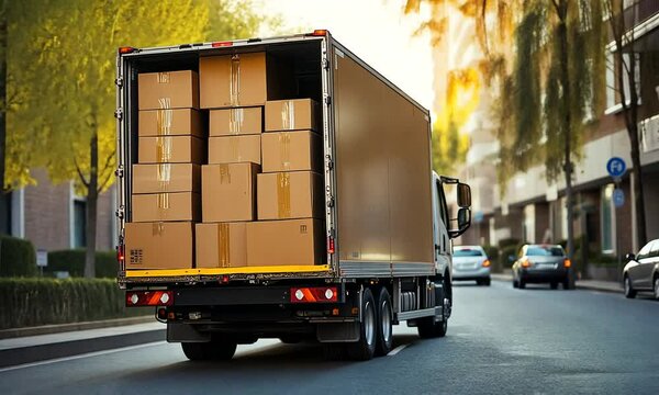 A delivery truck driving through city streets with its rear door open and many cardboard boxes stacked inside.