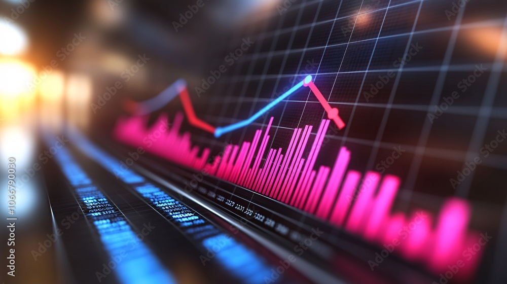 Poster Business meeting with a graph showing upward trends on a screen, symbolizing positive economic growth with side empty space for text