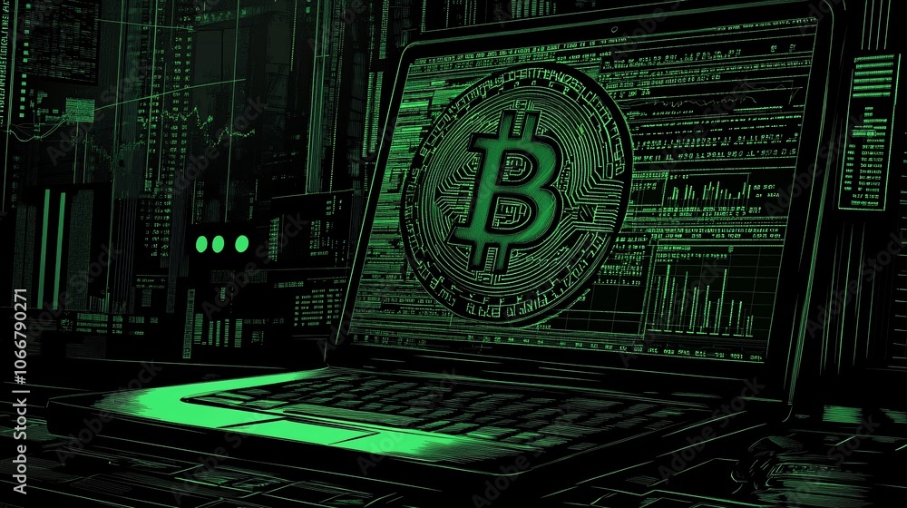 Poster Laptop screen with financial charts and cryptocurrency data showing market trends, symbolizing investment and finance with side empty space for text