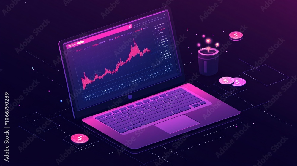 Poster Laptop screen with financial charts and cryptocurrency data showing market trends, symbolizing investment and finance with side empty space for text