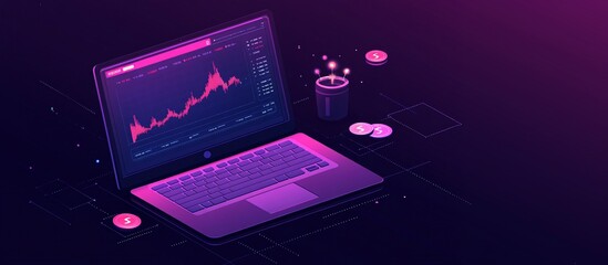 Laptop screen with financial charts and cryptocurrency data showing market trends, symbolizing investment and finance with side empty space for text